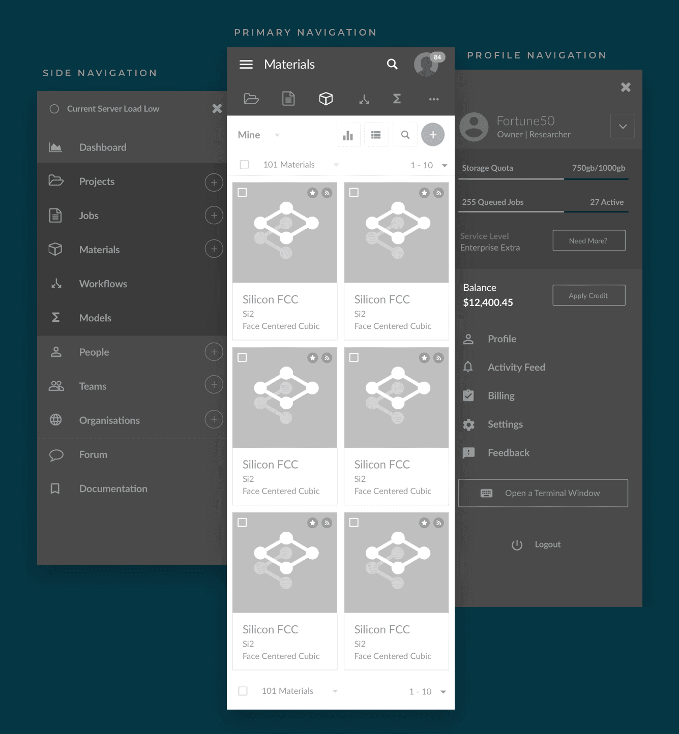 Navigation patterns — global and contextual nav across the platform