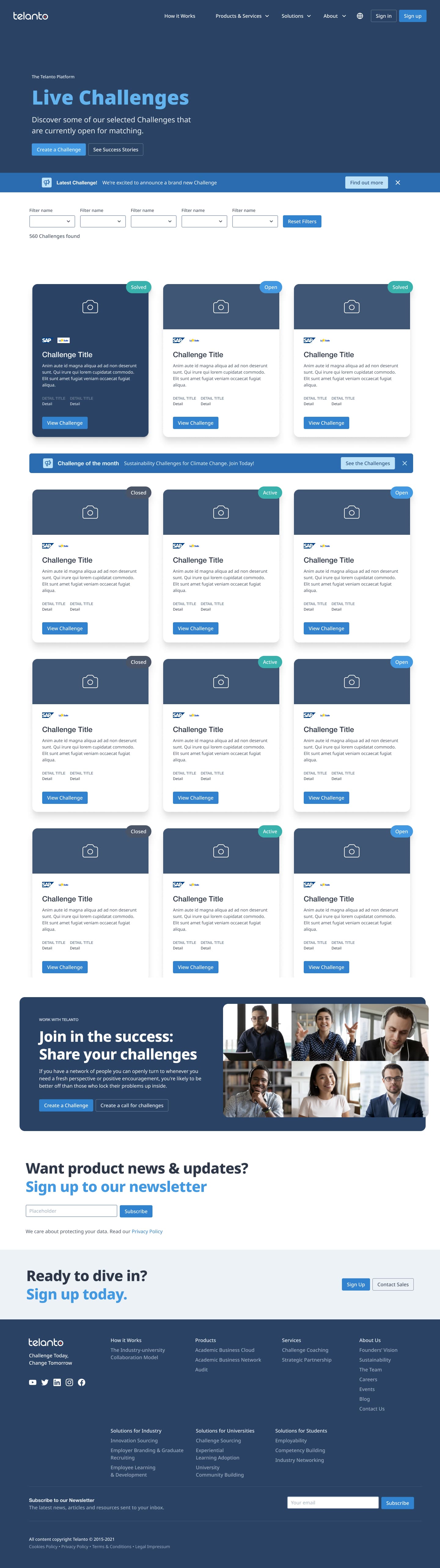 Challenges page — the lead-gen funnel for the sales team