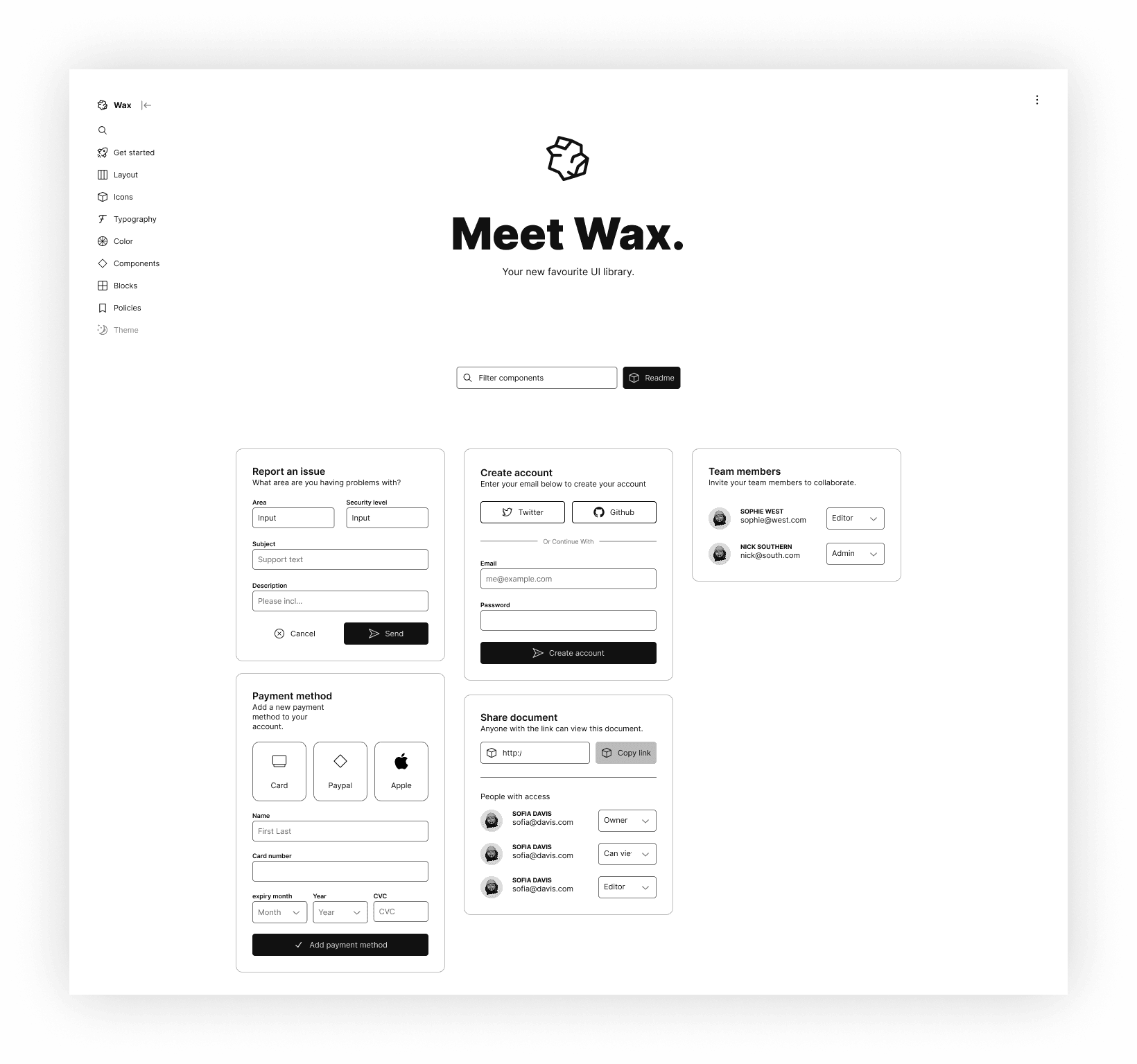 Wax component library index concept.