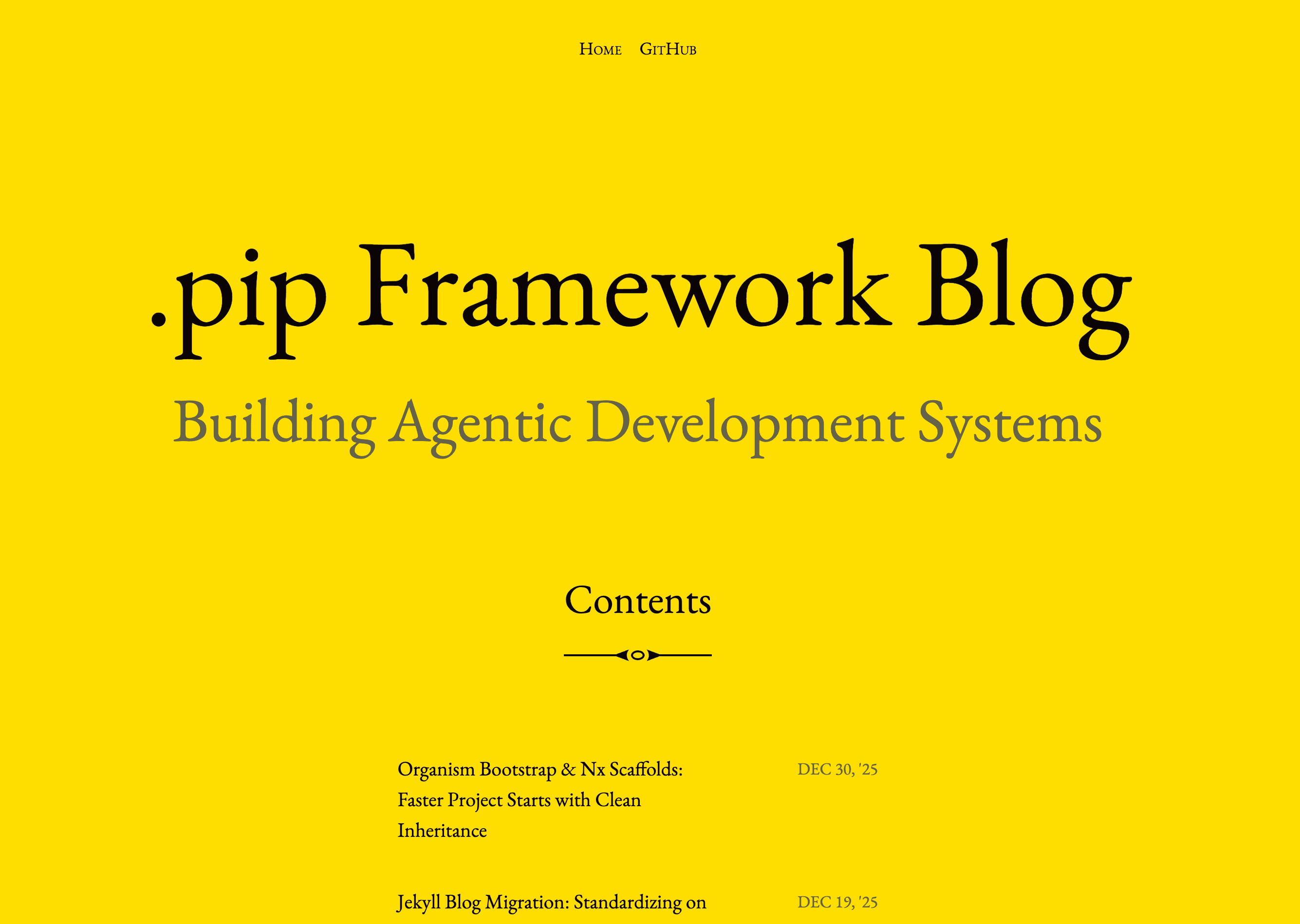 Screenshot of the .pip Framework Blog with the headline Building Agentic Development Systems.