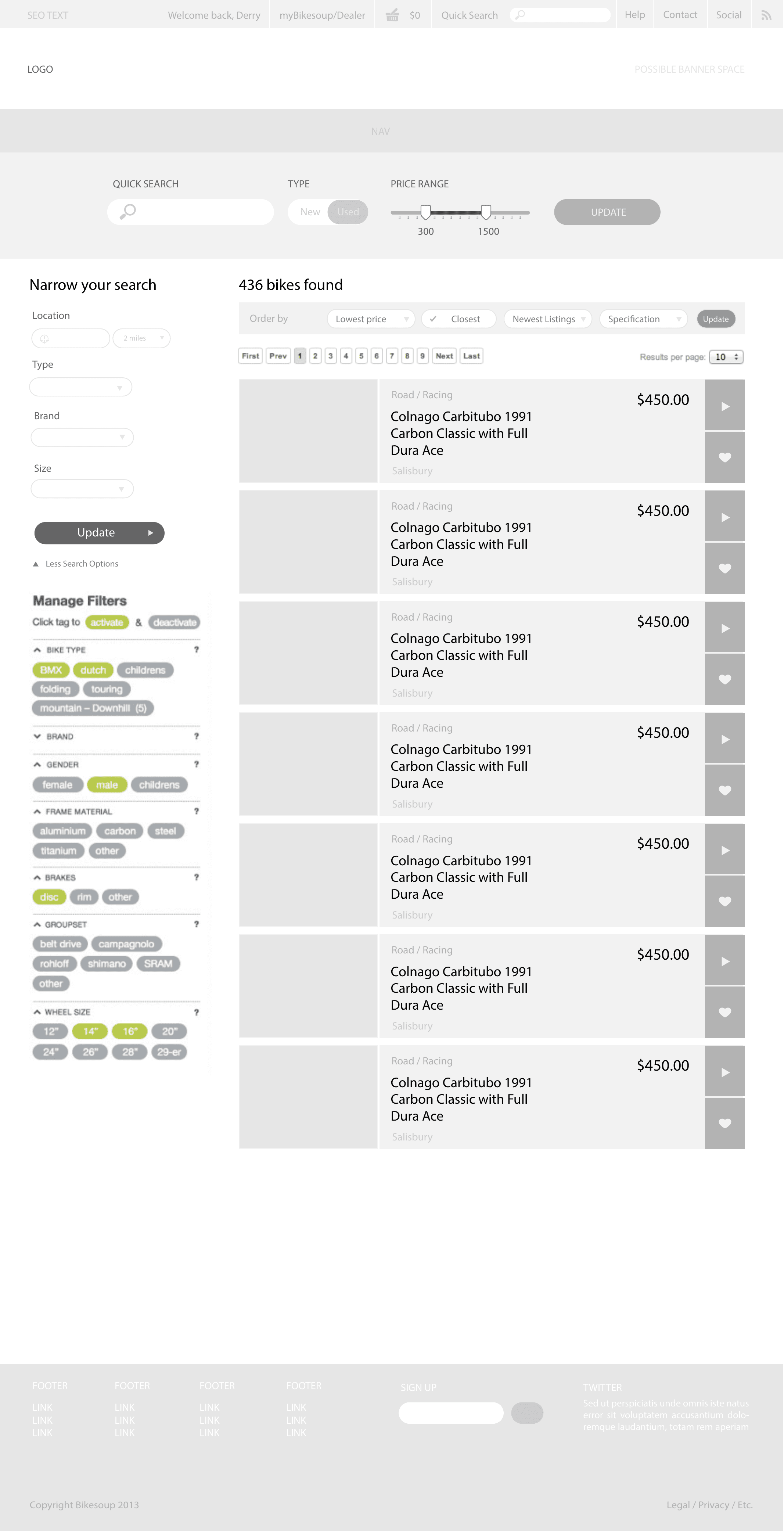 Bikesoup wireframe — results flow (2013)