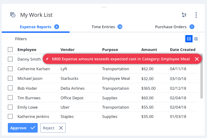 Worklist with intelligent suggestions — auto-approvals and benchmarks surfaced inline