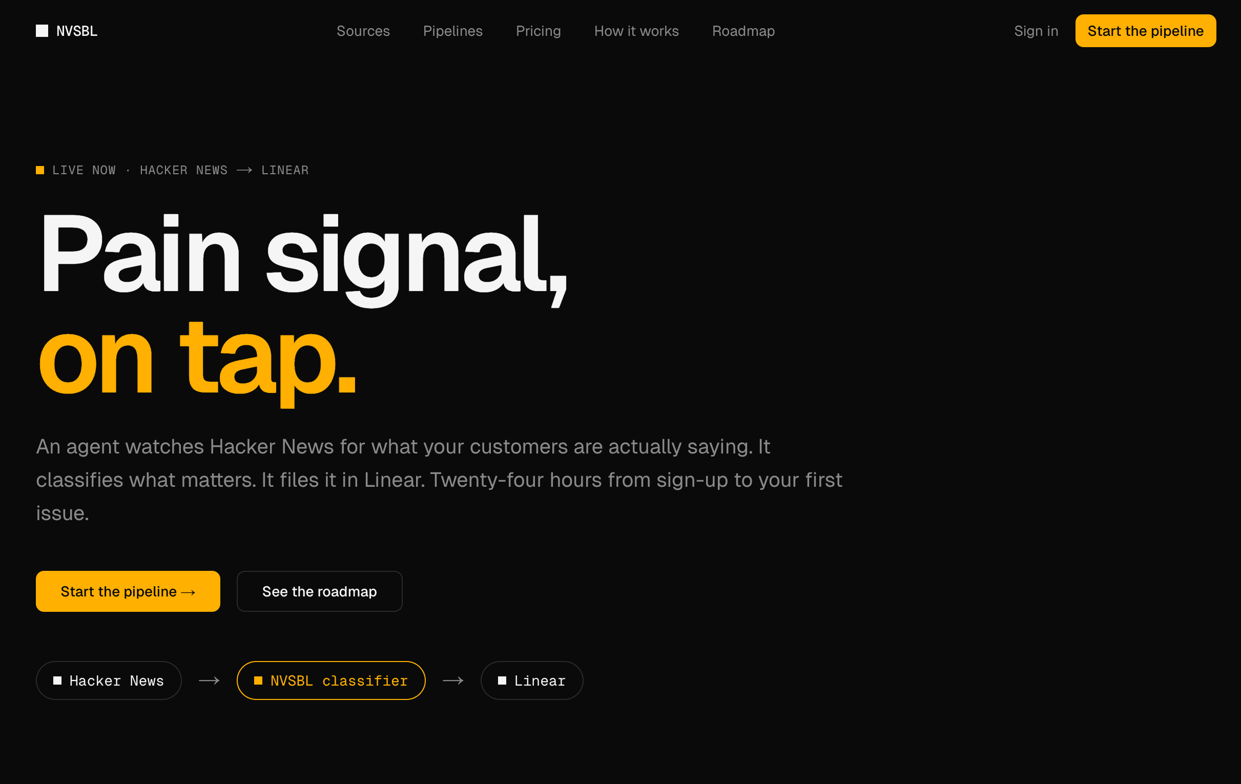 NVSBL public home page — request access, invisible-platform framing, agent-led product discovery.