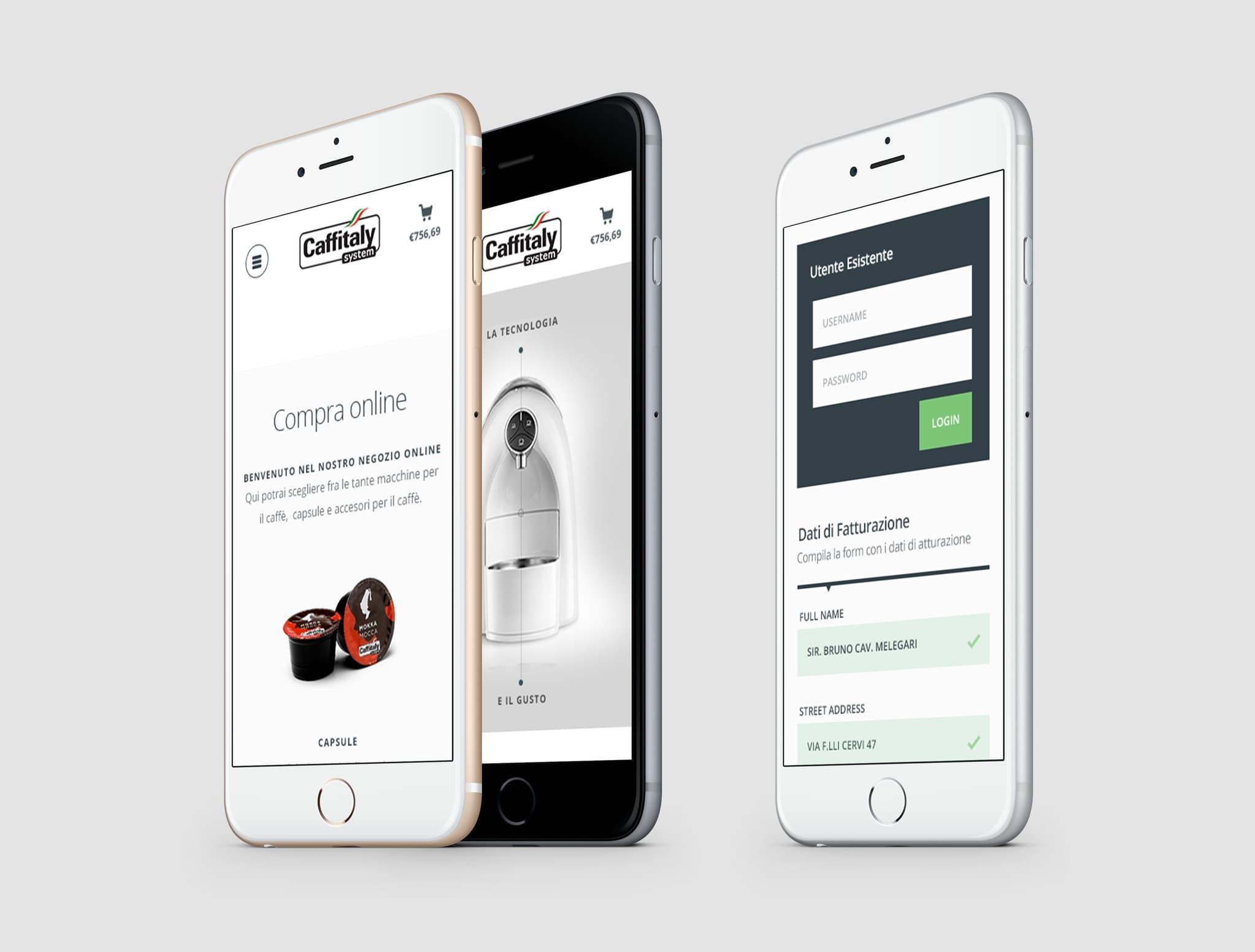Caffitaly companion app — iPhone three-quarter render