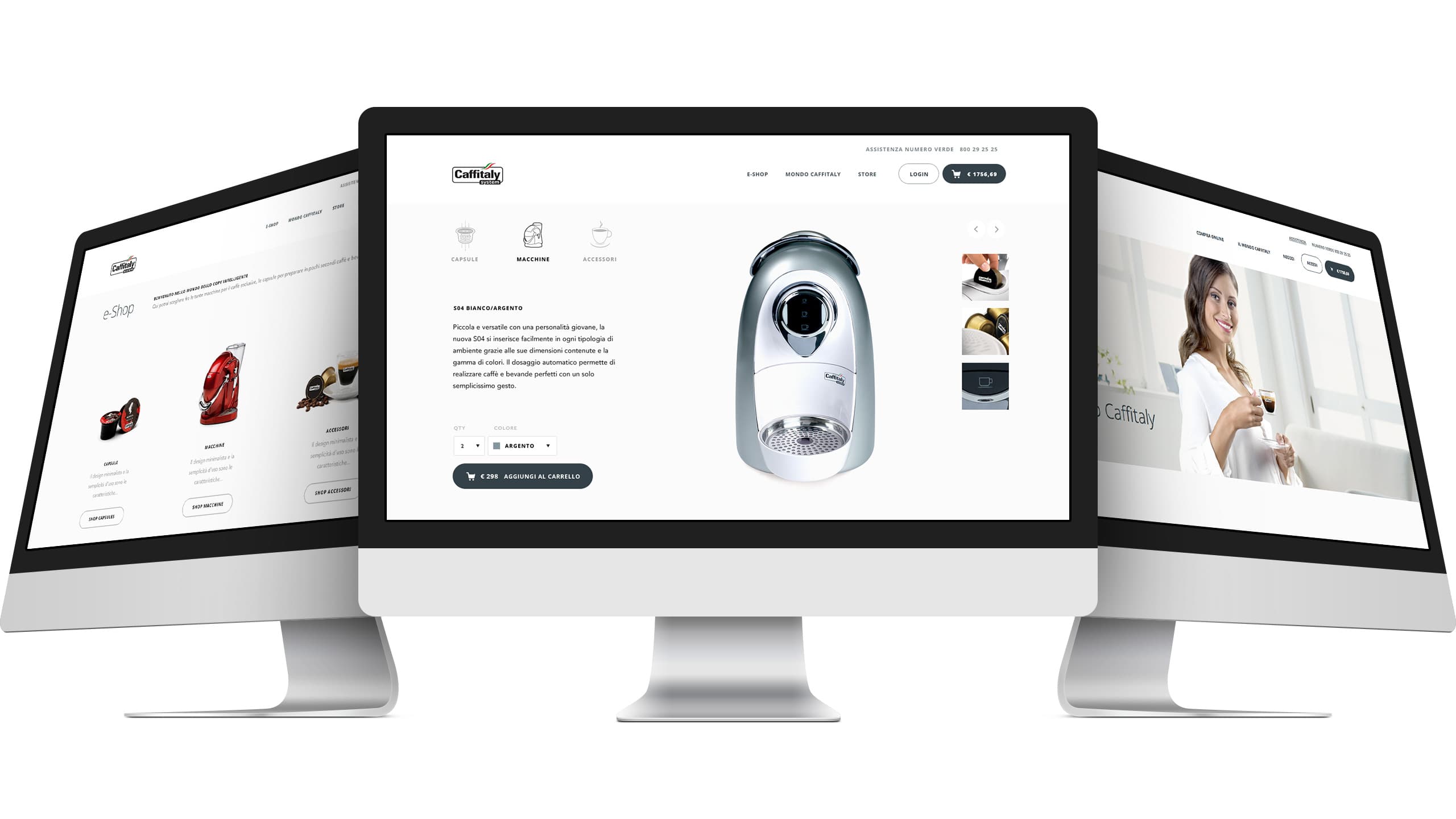 Caffitaly desktop site — three-screen overview